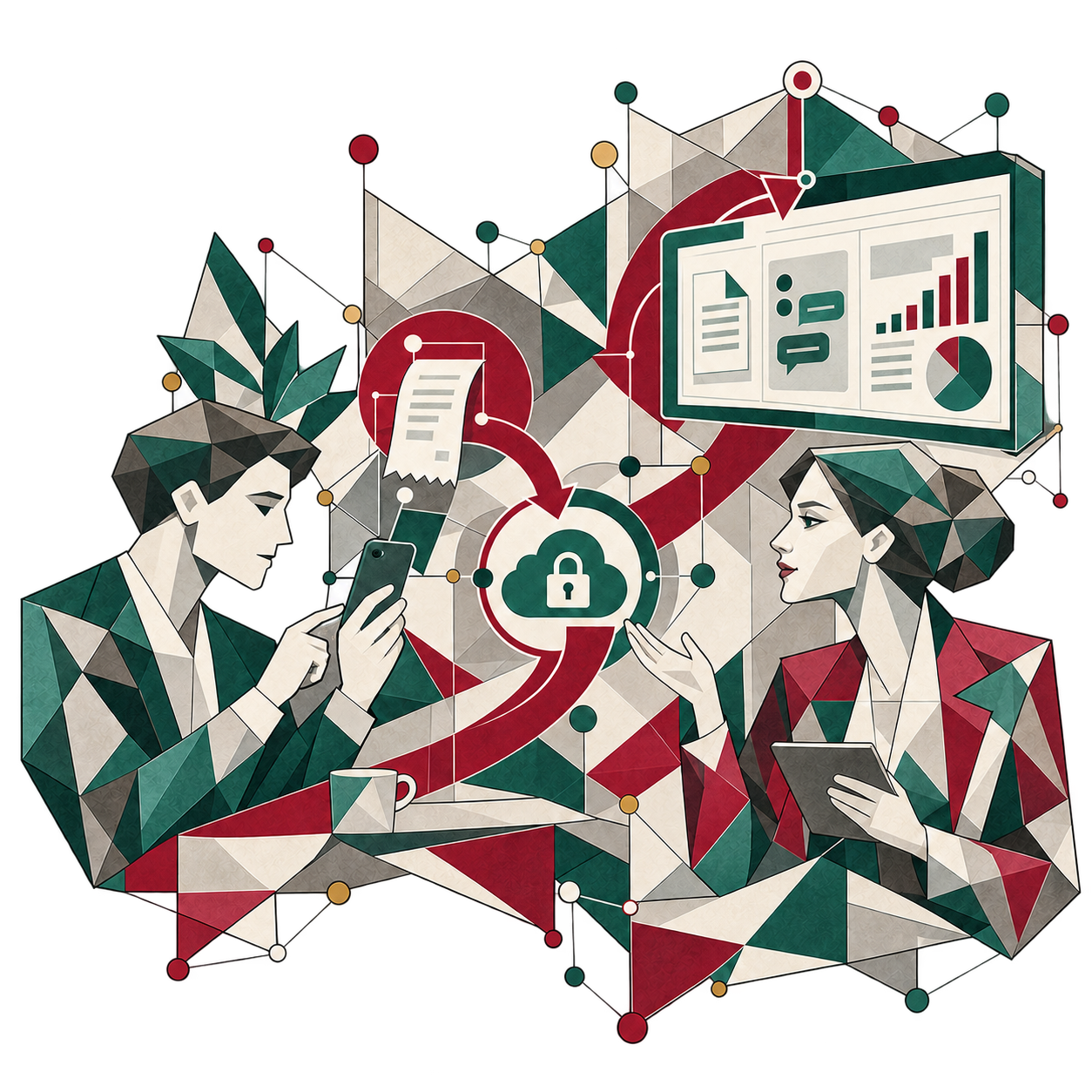 Illustration: Digitale Zusammenarbeit mit Goyer Pfingsten, vom Beleg über die sichere Cloud bis zur Auswertung