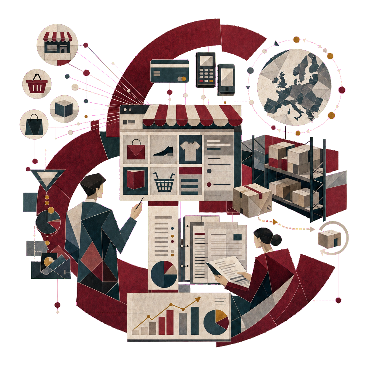 Illustration: E-Commerce-Buchhaltung mit angebundenen Shop-Systemen bei Goyer Pfingsten