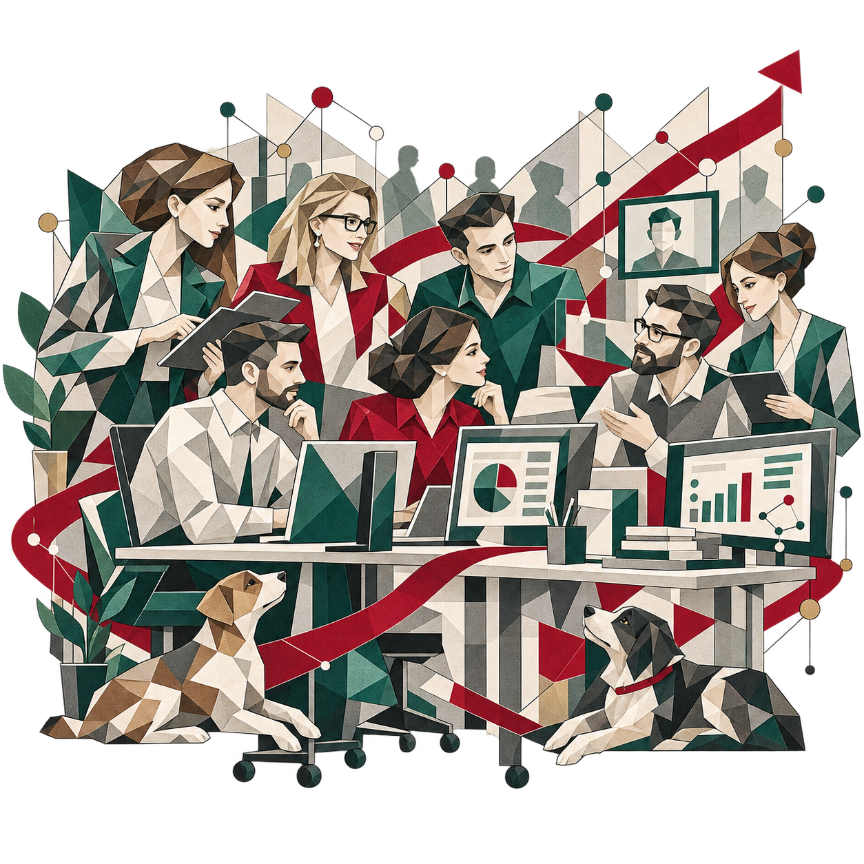 Illustration: Das Team von Goyer Pfingsten bei der Arbeit an modernen Arbeitsplätzen, begleitet von den beiden Bürohunden